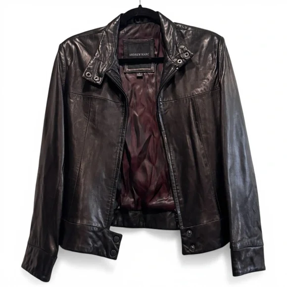Andrew Marc New York soft black leather Racer Moto Jacket Snap Collar Size S - Picture 2 of 7